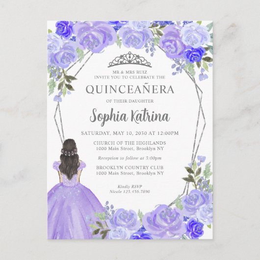 Paars Silver Floral Princess Tiara Quinceañera Briefkaart (Voorkant)