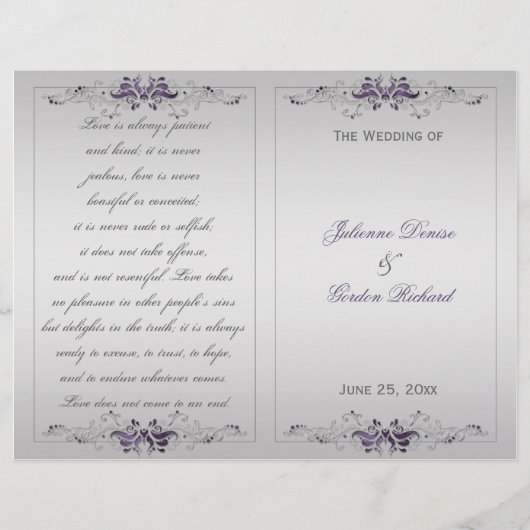  Paars Silver Floral Swirls Wedding Programme (Voorkant)