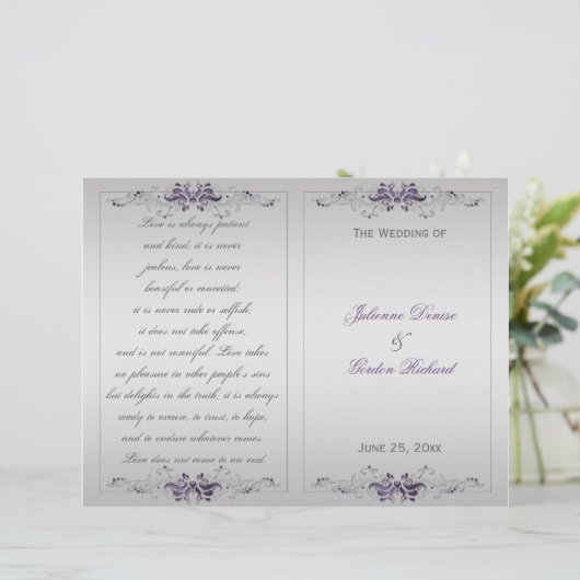  Paars Silver Floral Swirls Wedding Programme (Staand voorkant)