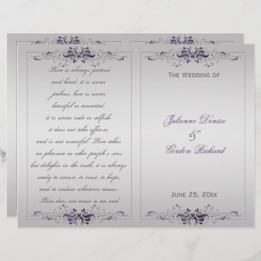  Paars Silver Floral Swirls Wedding Programme (Voorkant / Achterkant)