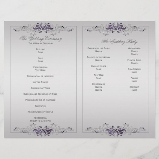  Paars Silver Floral Swirls Wedding Programme (Achterkant)