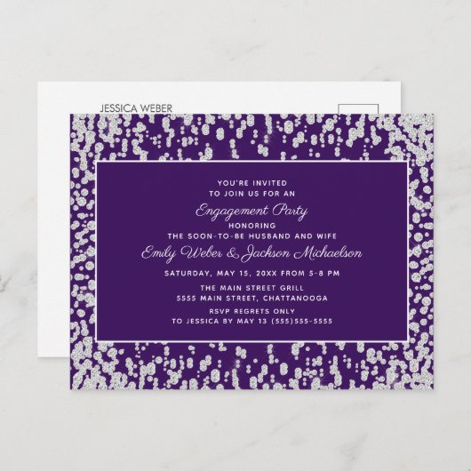 Paars Silver Glam Confetti Verloving Briefkaart (Voorkant / Achterkant)