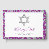 Paars Silver Glitter Swirl Damask Bat Mitzvah Gastenboek (Voorkant)