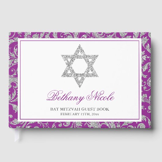 Paars Silver Glitter Swirl Damask Bat Mitzvah Gastenboek (Voorkant)