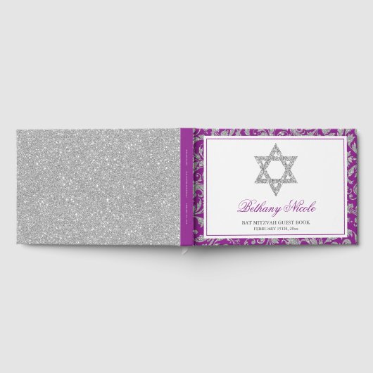 Paars Silver Glitter Swirl Damask Bat Mitzvah Gastenboek (Volledig)