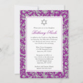 Paars Silver Glitter Swirl Damask Bat Mitzvah Kaart (Voorkant)