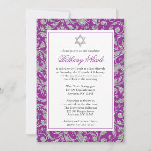 Paars Silver Glitter Swirl Damask Bat Mitzvah Kaart