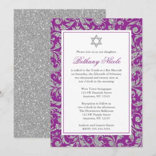 Paars Silver Glitter Swirl Damask Bat Mitzvah Kaart (Voorkant / Achterkant)