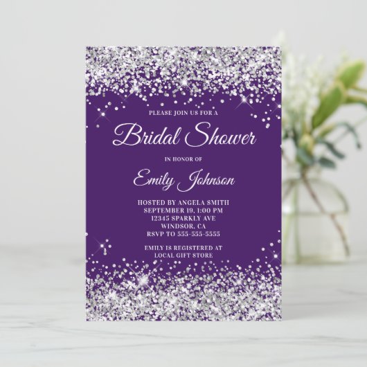 Paars Silver Glitter Vrijgezellenfeest Fancy Scrip Kaart (Staand voorkant)