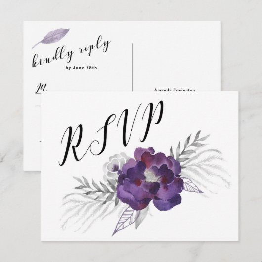 Paars Silver Waterverf Floral RSVP antwoord 3963 Uitnodiging Briefkaart (Voorkant / Achterkant)