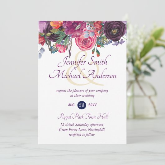Paars Sinaasappel Pink Floral Wedding Invitations Feestdagenkaart (Staand voorkant)