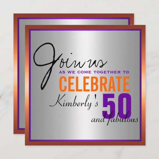 Paars + Sinaasappel + Zilver - 50e verjaardag Kaart (Voorkant / Achterkant)