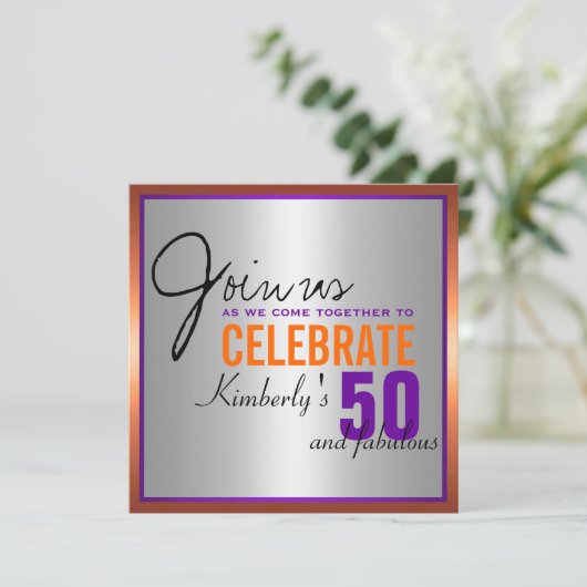 Paars + Sinaasappel + Zilver - 50e verjaardag Kaart (Staand voorkant)