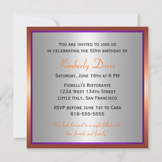 Paars + Sinaasappel + Zilver - 50e verjaardag Kaart (Achterkant)