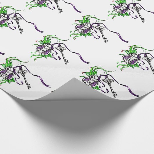 paars slot en sleutelontwerp cadeaupapier (Hoek)