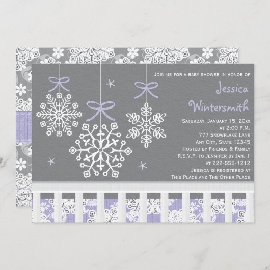 Paars Snowflake Mobile Wieg Baby shower uitnodigen Kaart (Voorkant / Achterkant)