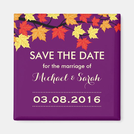 Paars sparen de Datum Maple herfst Wedding Magnet (Voorkant)