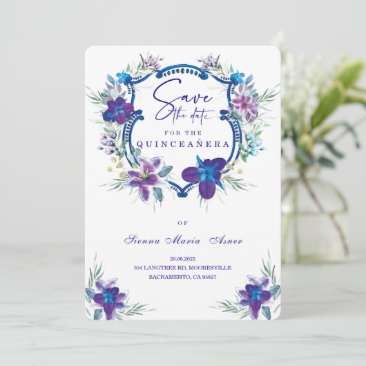 Paars sparen de Datum Uitnodiging Quinceañera (Staand voorkant)