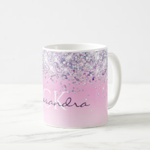 Paars Sparkly Glitter Monogrammed Girly Pink Koffiemok