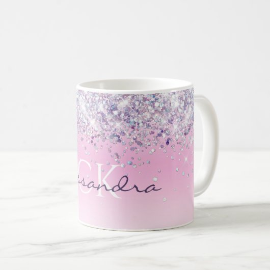 Paars Sparkly Glitter Monogrammed Girly Pink Koffiemok (Voorkant rechts)