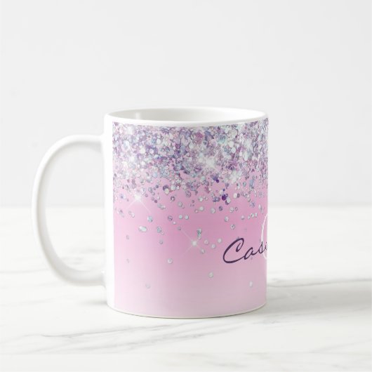 Paars Sparkly Glitter Monogrammed Girly Pink Koffiemok (Links)