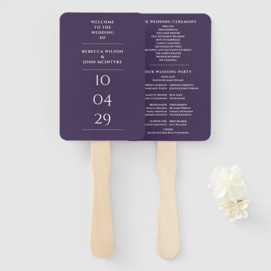 Paars Speciale Datum Trouwprogramma Handwaaier (Voorkant en achterkant)