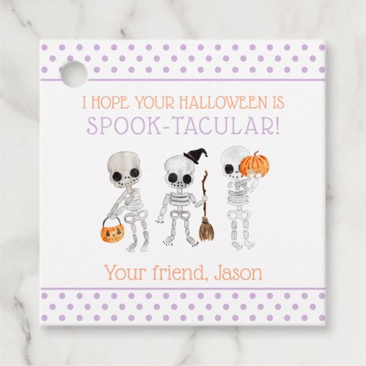 Paars Spook-taculair Halloween Spooky Skeleton Kin Bedankjes Labels (Voorkant)