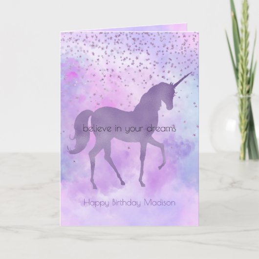 Paars sterren Confetti Waterverf Unicorn Birthday Kaart (Voorkant)