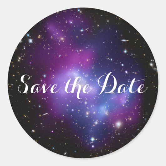 Paars sterrenstelsel Save the Date Ronde Sticker (Voorkant)