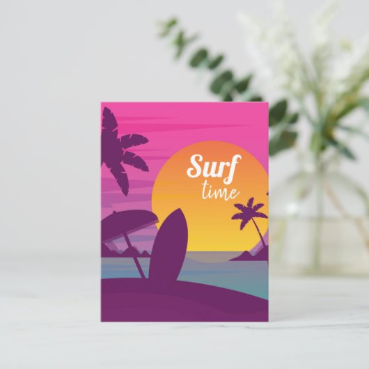 Paars strand met zonsonderend surf briefkaart (Staand voorkant)