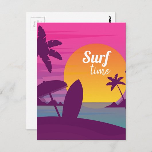 Paars strand met zonsonderend surf briefkaart (Voorkant / Achterkant)