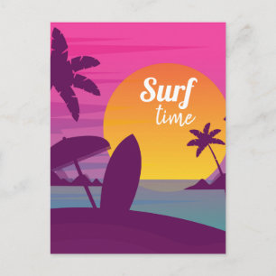 Paars strand met zonsonderend surf briefkaart