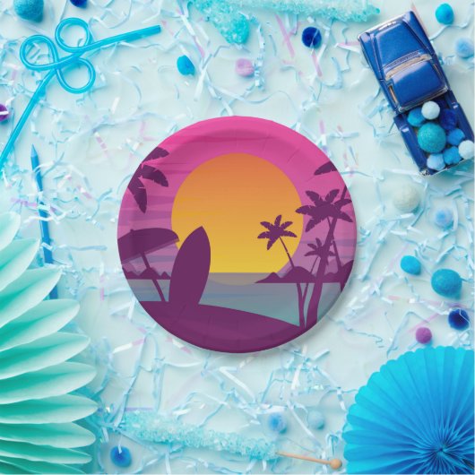 Paars strand met zonsonderend surf papieren bordje (Feest)