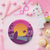 Paars strand met zonsonderend surf papieren bordje (Feest)