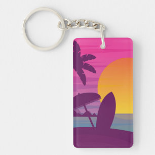 Paars strand met zonsonderend surf sleutelhanger