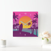 Paars strand met zonsonderend surf vierkante klok (Huis)