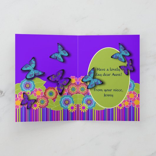 Paars, strips, bloemen, buiken | Tante 90e Kaart (Binnen)