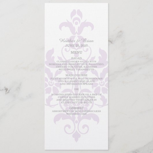 Paars subtle Damask Wedding Menu (Voorkant)