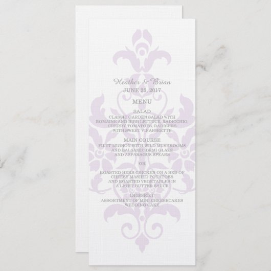 Paars subtle Damask Wedding Menu (Voorkant / Achterkant)