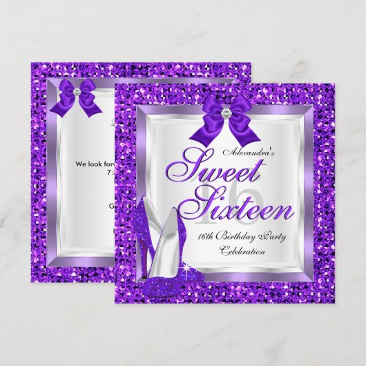 Paars Sweet 16-partij Sweet Sixteen Silver glitter Kaart (Voorkant / Achterkant)