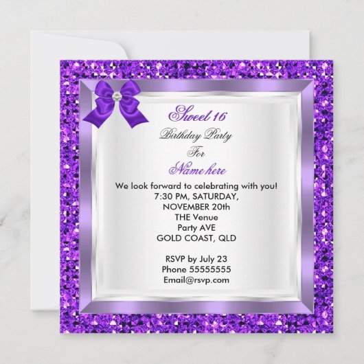 Paars Sweet 16-partij Sweet Sixteen Silver glitter Kaart (Achterkant)