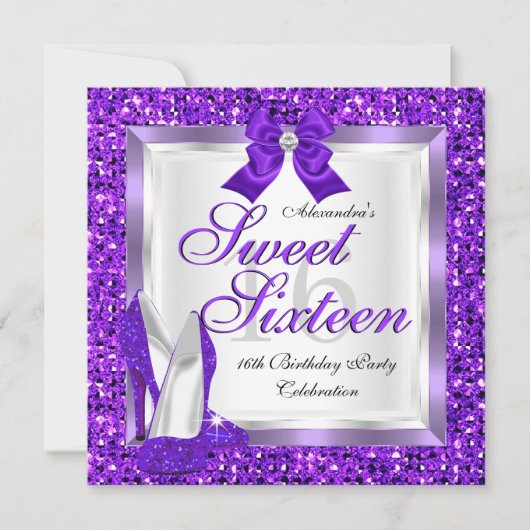 Paars Sweet 16-partij Sweet Sixteen Silver glitter Kaart (Voorkant)