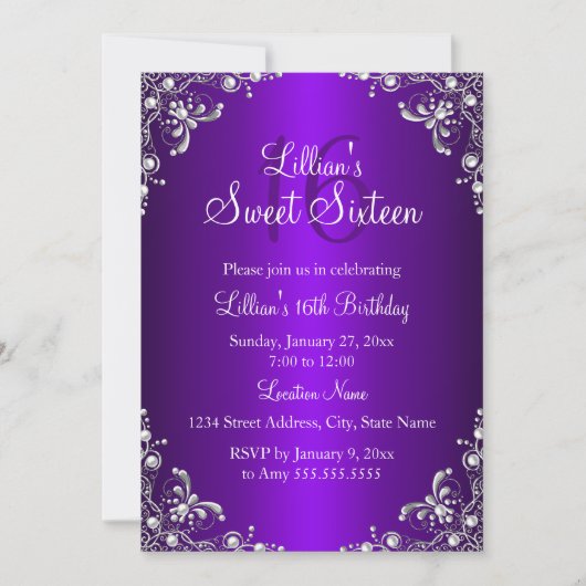 Paars Sweet 16 Silver Pearl Damask Kaart (Voorkant)