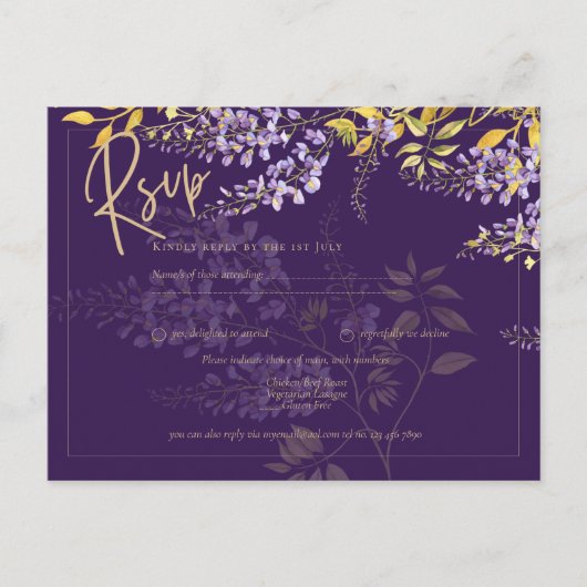 Paars Syringa Paarse Wisteria Gouden Trouw Uitnodi Briefkaart (Voorkant)
