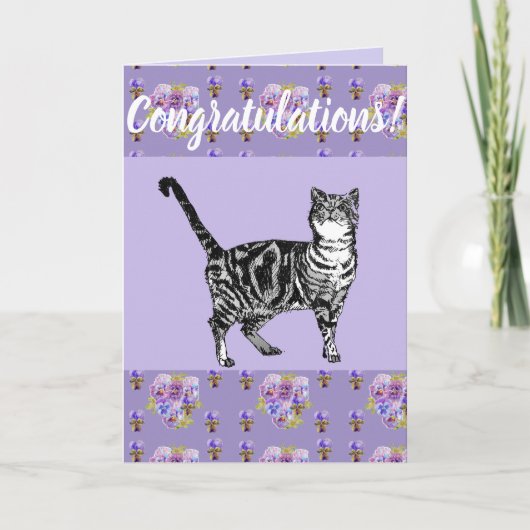 Paars Tabby Cat Floral Congatulation art Card Kaart (Voorkant)