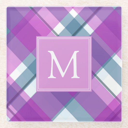 Paars Tartan Monogram Glazen Onderzetter (Voorkant)