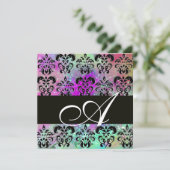 PAARS TEAL AQUA BLAUW ZWART DAMASK MONOGRAM KAART (Staand voorkant)