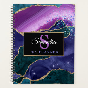 Paars Teal Goud Agate Monogram Moderne Luxe Planner