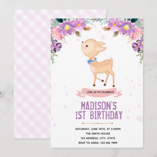 Paars thema bambi uitnodiging (Voorkant / Achterkant)