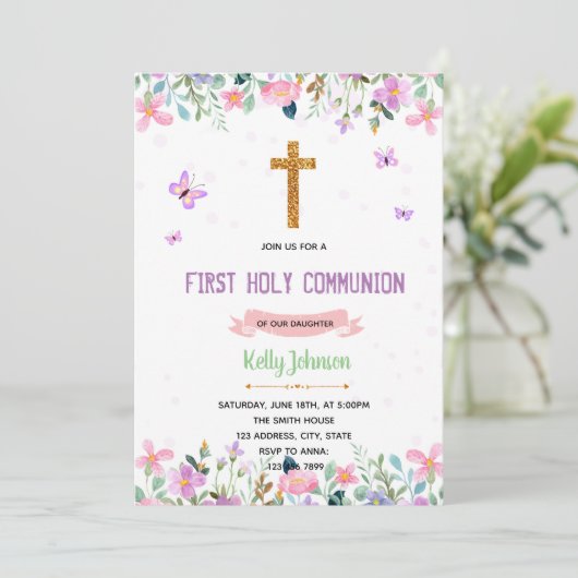 Paars thema baptisme baptisme - uitnodiging (Staand voorkant)